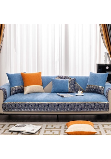 Mavi Oturma Odası Jakarlı Kanepe Kılıfı Kanepe Kılıfı İskandinav Kanepe Yastığı Kaymaz Kanepe Havlusu L Şeklinde Kanepe Koruyucu Kılıf 90x70cm 1pcs