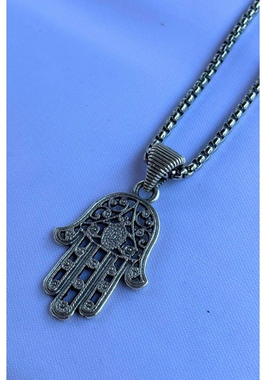 Fatma Ana Eli Desenli El İşçiliği Paslanmaz Çelik Zincir Erkek Kolye Gümüş