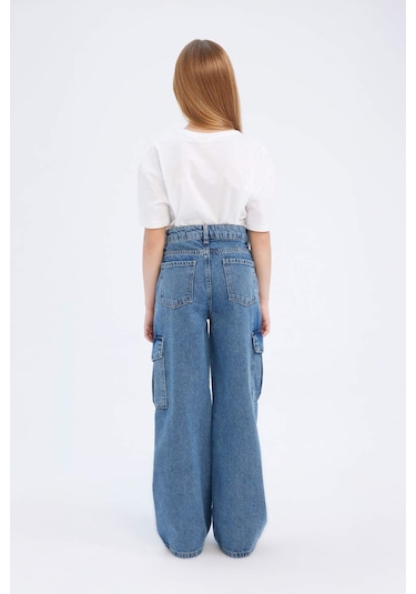DeFacto Kız Çocuk Wide Leg Kargo Geniş Bol Paça Pamuklu Jean Pantolon D7091A825SMNM28 Mavi