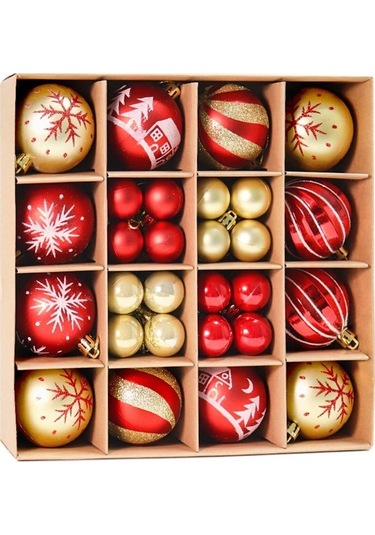 Hermoso 44 Adet Kırmızı Ve Altın Noel Topları Seti - 3cm Ve 6cm Boyutlu Ağaç Süsleme Kırmızı