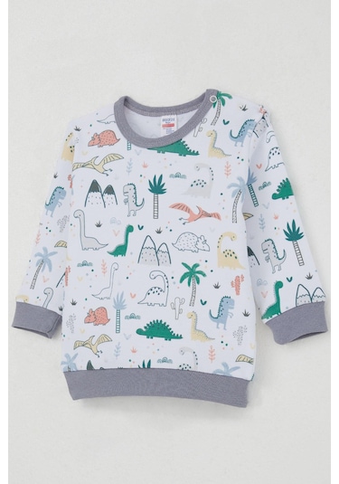 Breeze Erkek Bebek Eşofman Takım Omuzdan Patlı Sevimli Dinozorlar Desenli 4 Ay-1 Yaş, Beyaz Beyaz