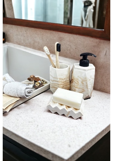 Betonmall 4 Parça Mermer Desenli Beton Banyo Seti Katı Sıvı Sabunluk Diş Fırçalık Tepsi - Bej Bej