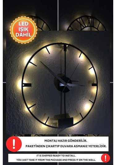 Led Işıklı Modern Duvar Saati Sessiz Dekoratif Modern Siyah Duvar Siyah