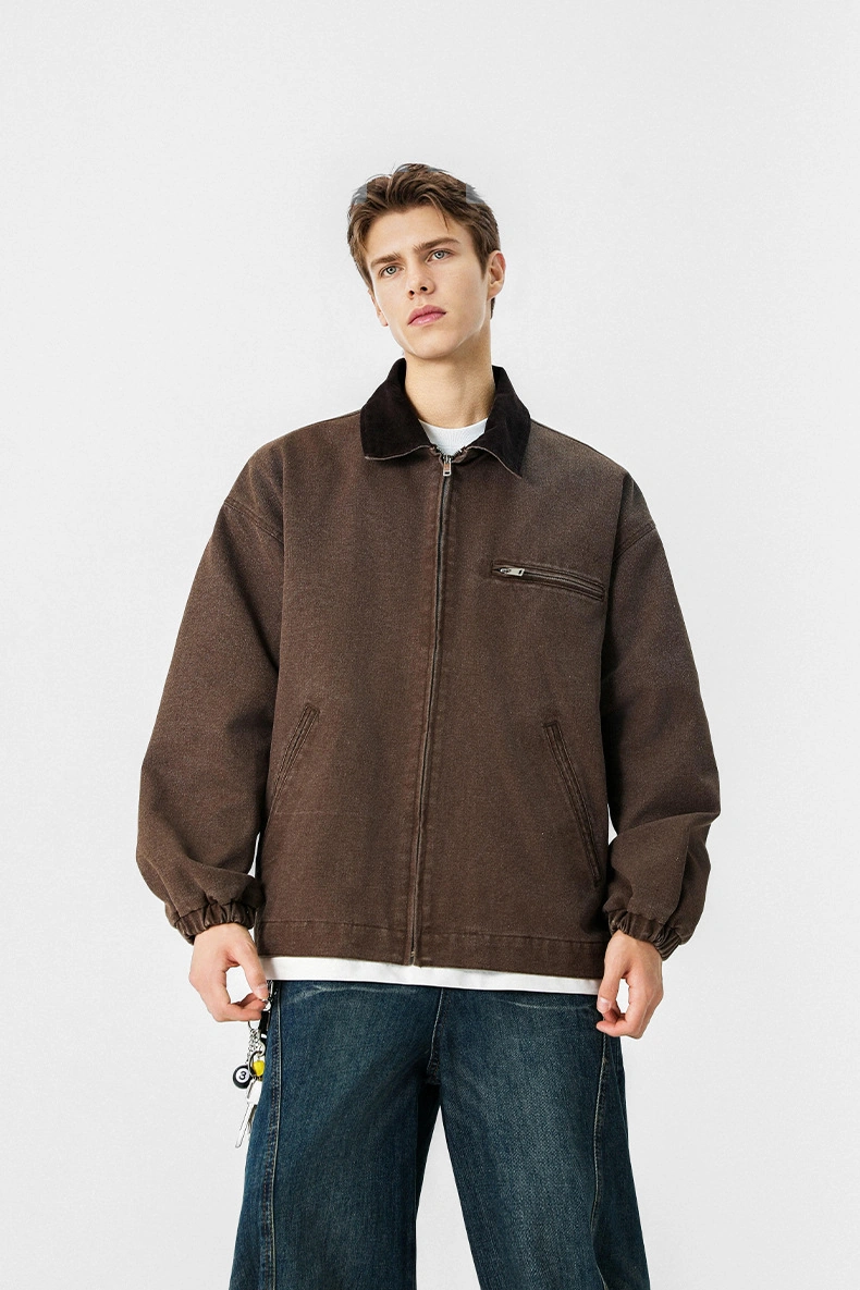 Snapbuy Yıkanmış Denim Ceket, Amerikan Retro Stili, Kontrast Yakalı, Bol Kesim Kahverengi