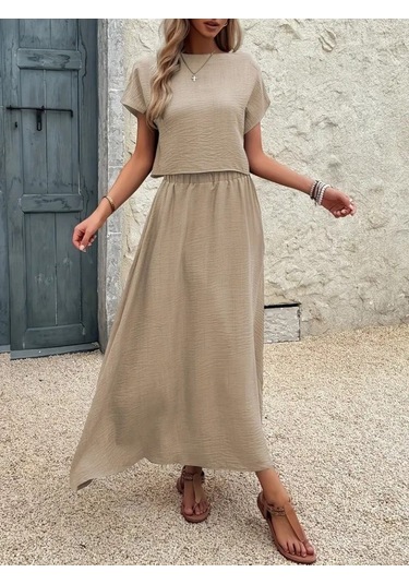 The İstanbul Kadın Kısa Kollu Bisiklet Yaka Bluz Etekli Ithal Keten Ikili Takım Bej