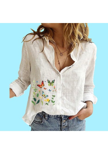 Kadın Moda Pamuk Keten Gömlek Bayan Dik Yaka Baskılı Üst Casual Düğmeli Uzun Kollu Bluz Beyaz