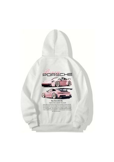Brz Collection Unisex Oversize Berry Porsche Hoodie Beyaz Beyaz