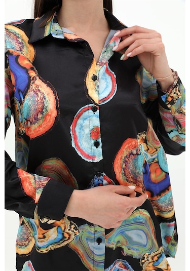 Desenli Saten Gömlek - Siyah-siyah Siyah