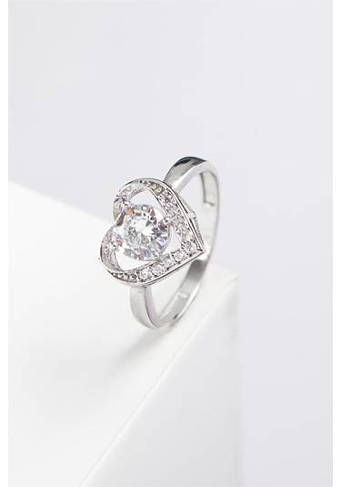 Rodyumlu 925 Ayar Gümüş Kalpli Bayan Yüzük -7974