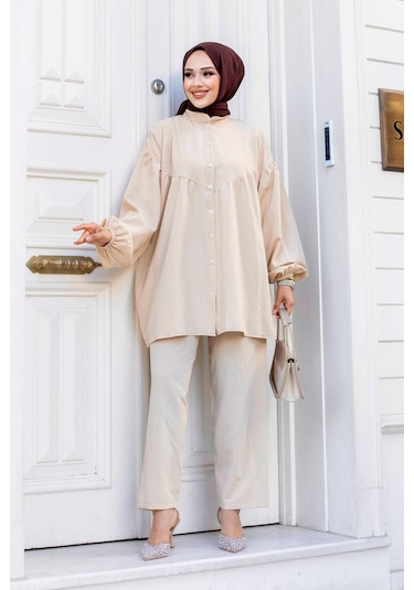 Balon Kol Tesettür Bej Takım Bej