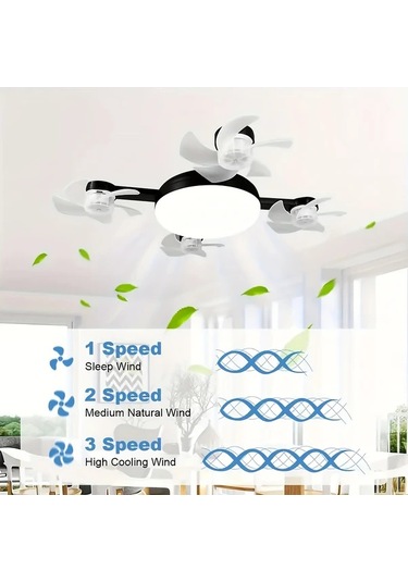 Boatshop1 Üç Beyaz Fan Led Akıllı Tavan Fanı Lambası E27 E26 Soket Uzaktan Kumanda Ayarlanabilir Parlaklık 3 Hız Yatak Oturma Çalışma Odası