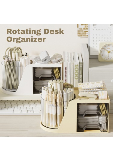 Springsun Beyaz Plastik Masa Düzenleyici - 360 Derece Döner Kalem Kutusu, 2 Çekmeceli Ve Fakatlı, Ofis/öğrenci Stokaj Gereci, Çok Amaçlı Masa Tahtası Organizatörü Beyaz
