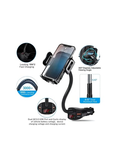 Youtek Araç Sigara Çakmaklı Telefon Tutucu, 18w Hızlı Şarj, Çift Usb, Akıllı Koruma, Abs Malzeme, Q708 Siyah