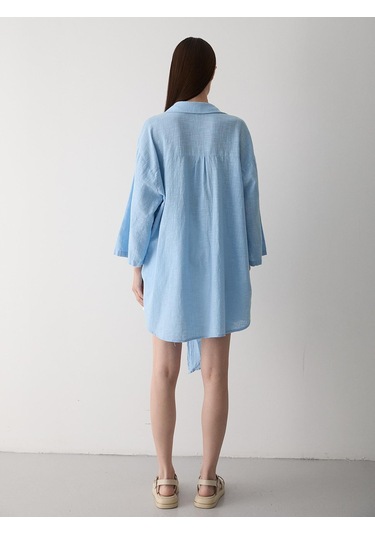 Mavi Flam Keten Kimono Gömlek Mavi