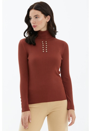 Tam Balıkçı Yaka Düğmeli Triko Kazak  - Kiremit