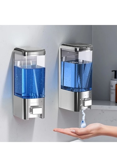 Xuweiwei 2 Adet Tatukıko Gümüş Duvara Monte Çift Başlı Sabunluk 500ml Manuel Basmalı Ftalatsız Plastik Şeffaf Gövde Mavi Sıvı Seviye Göstergeli Banyo Otel Ev Kullanımı Gümüş