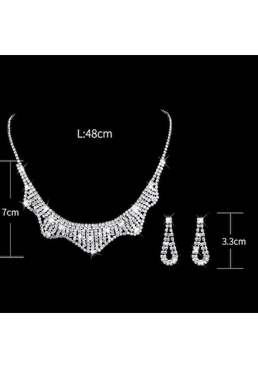 Ehediye Chavin Düğün Nişan Kına Damla Taşlı Kadın Kolye Küpe Set Eg90 Beyaz