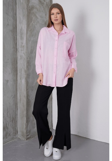 Paw Garage Kadın London Keten Tek Cepli Oversize Gömlek, Premium Kalite Keten Gömlek Pembe