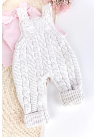 Triko Kışlık 2'li Kız Bebek Salopet Tulum Set Krem