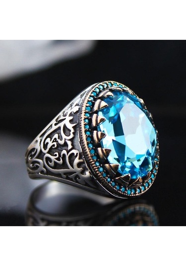 Turkuaz Paraiba Taşlı Yanı Işlemeli Özel Seri Erkek Gümüş Yüzük - Ey3128