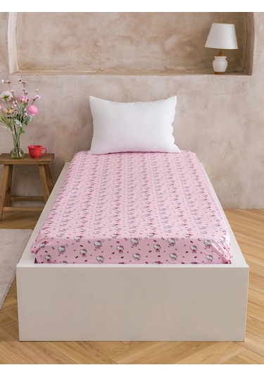 Pembe Hello Kitty Baskılı Tek Kişilik Lastikli Çarşaf