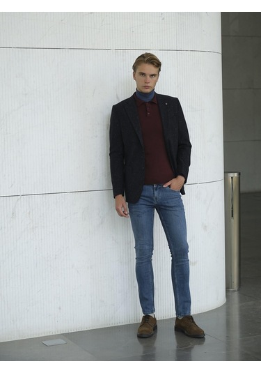 Erkek Yün Ceket Nopeli Mono Yaka Torba Cep Çift Yırtmaç Slim Fit Ceket Ncs Jeans 4003-Lacivert