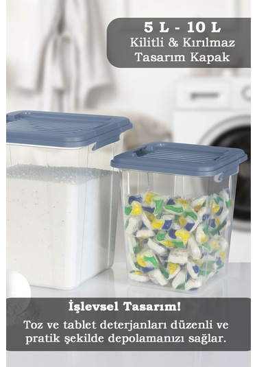 2'li Set 5-10l Kilit Kapak Saklama Kutusu Deterjanlık - Un Bakliyat Erzak Saklama Kabı Organizer Box Mavi
