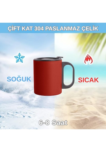 Paslanmaz Çelik Mug, Paslanmaz Çelik Termos Bardak-300 Ml Kırmızı