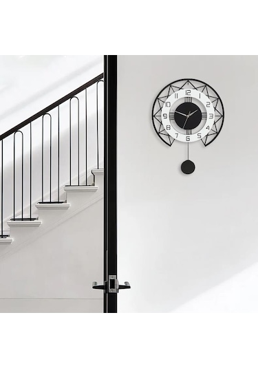 Cajuart Siyah Beyaz Stil Tasarım 40 Cm Ahşap Sarkaçlı Duvar Saati