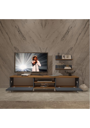 Decoraktiv Eko 4 Mdf Dvd Krom Ayaklı Tv Ünitesi Tv Sehpası Ceviz - Antrasit
