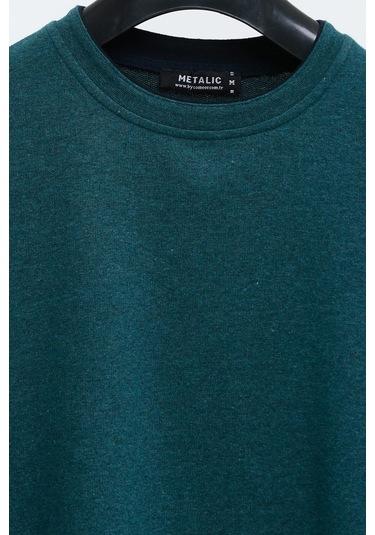 MMetalic Erkek Petrol Çift Bisiklet Yaka Baskı Detaylı Standart Rahat Kesim Sweatshirt Yeşil