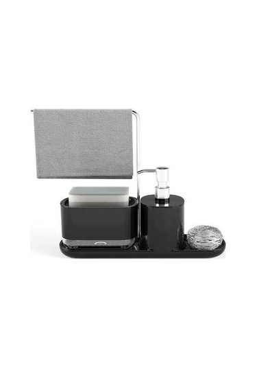 Dancemonkey El Ve Bulaşık Sabunluk Seti - Süngerli Bez Tutuculu Basmalı Sıvı Organizatör Siyah Siyah