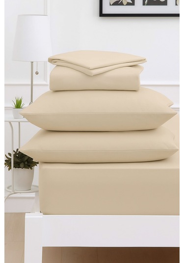 Mirava Premium %100 Pamuk Penye Lastikli Tek Kişilik Çarşaf Takımı 1 Yastık Kılıfı Dahil Bej 100x200cm Bej
