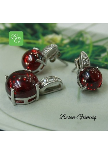 Kırmızı Bombeli Taşlı Set Rose Gold - Gümüş