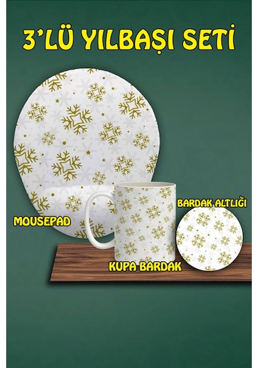 Yılbaşı Temalı 3'lü Mousepad Kupa Ve Bardak Altlığı Seti