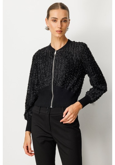 On Kadın Kabartmalı Bomber Mont 60709 Siyah Siyah