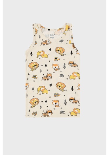 Lela Desenli Streç Pamuklu Bisiklet Yaka Atlet Boxer 2'Li Iç Giyim Erkek Çocuk Takım 6651010 Bej