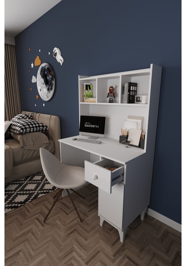 Df09107 Çekmeceli Kapaklı Kitaplıklı Çalışma Masası Beyaz