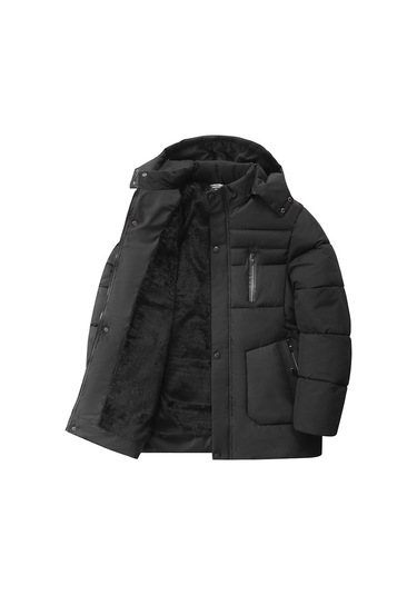 Erkekler İçin Yeni Kışlık İş Stili Polar Astarlı Pamuklu Ceket, Sıcak Dış Giyim, Çıkarılabilir Kapüşonlu Kalınlaştırılmış Erkek Pamuklu Dolgulu Ceket Siyah