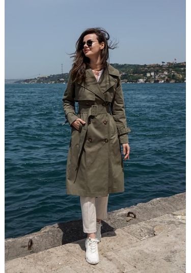 Pastelastore %100 Pamuk Gabardin Uzun 110cm Astarlı Kemerli Kadın Trençkot 1111 Haki