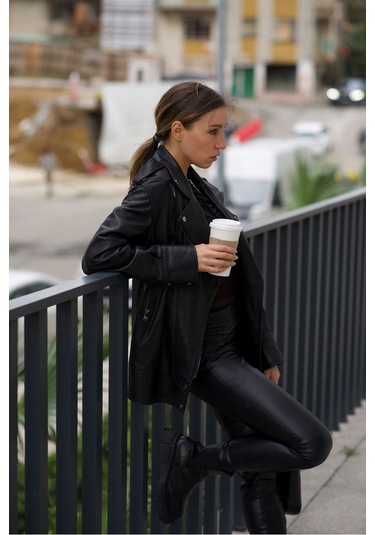 Dericlub Wm30 Oversize Biker Hakiki Deri Kadın Mont Siyah