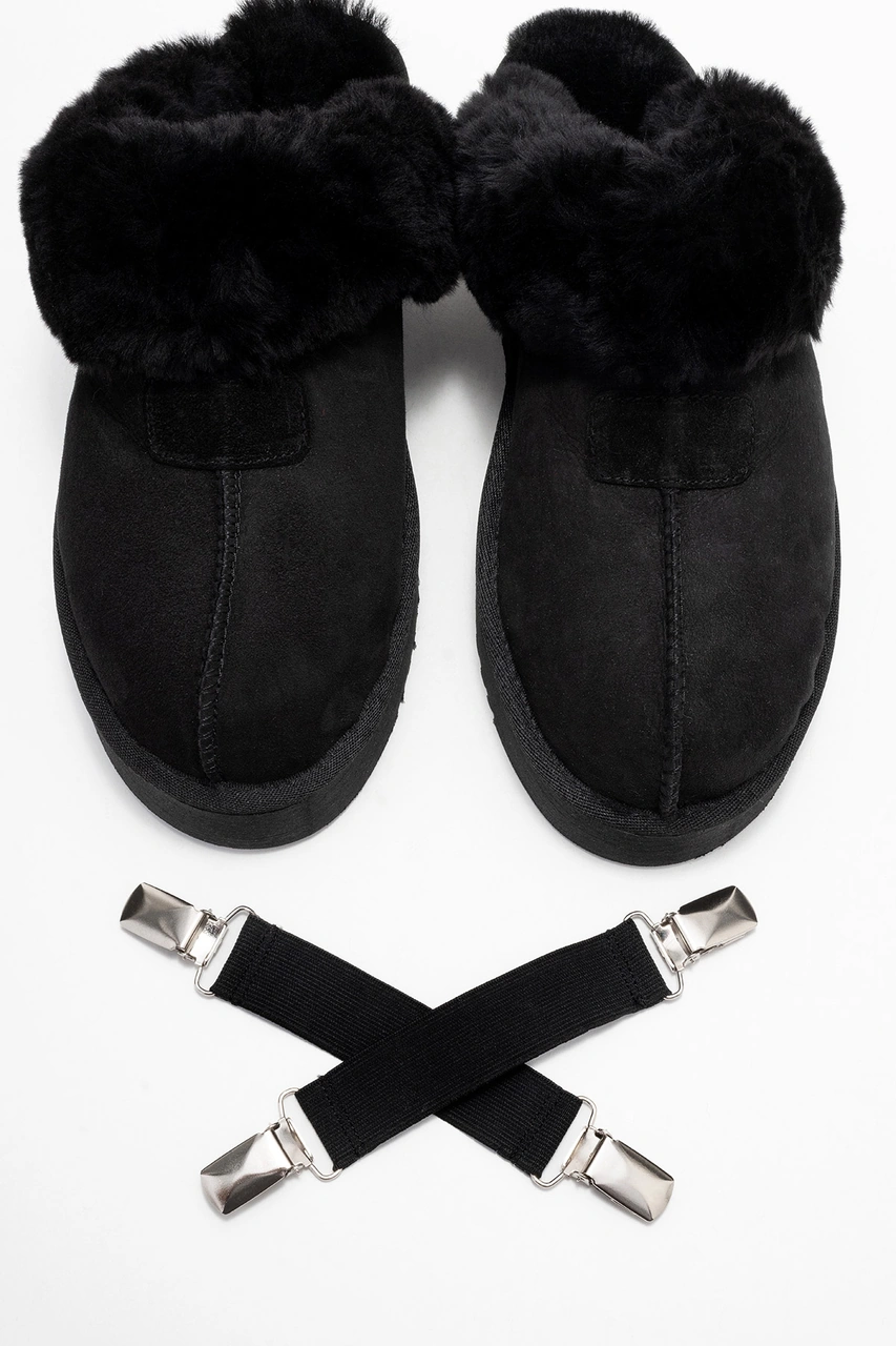Olessa Siyah Hakiki Deri Süet Kadın Kürklü Terlik Siyah Süet Siyah
