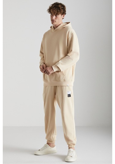 Rowan Erkek Relaxed Içi Şardonlu Önü Nervürlü Dekoratif Etiketli Vanilya Eşofman Altı