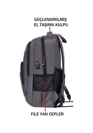Dada 03 Usb Aparatlı Gri Laptop Sırt Çantası 15,6 İnç Geniş İç Hacim Darbe Emici Koruma