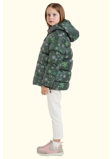 Kız Çocuk Pusula Desen Polar Su Ve Rüzgar Geçirmez Kapüşonlu Şişme Kışlık Mont Yeşil