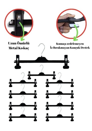 10 Adet Mandallı Pantolon & Etek Askısı Metal Kıskaçlı, Kırışma Önleyici Süngerli, Kaymaz Tasarım Siyah