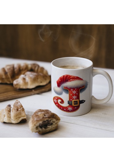 J Harfi Yılbaşı Temalı Bardak 330 Ml Harfli Kişiye Özel Hediye - Yeniyıl / Noel Şapka Tasarım Beyaz