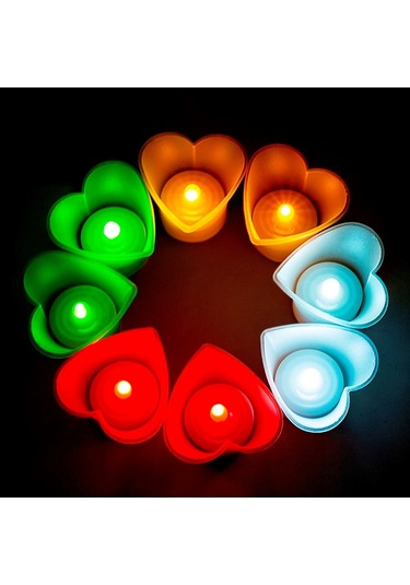 Kalpli Led Işıklı Mum Kırmızı Mum Yeşil Mum Beyaz Mum Sarı Mum Heart Led Light Multi Colors 48 Adet Renkli