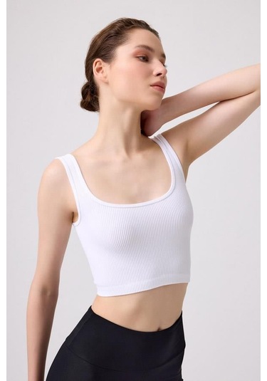 Cottonhill Premium - Kadın Beyaz Seamless Orta Boy Kare Yaka Crop Top Büstiyer Beyaz