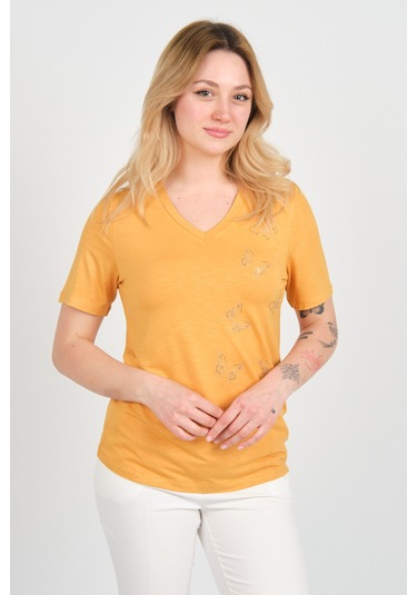 Ella Camelia Kadın Kelebek Şekilli Taş Süslemeli V Yaka Kısa Kollu Bluz 24e047 Hardal HARDAL